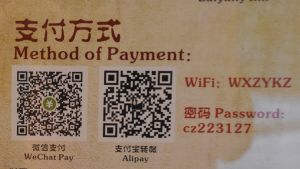 Allt fler hotell önskar att gästerna betalar digitalt med sina smarttelefoner. Det här hotellet i den urgamla staden Chaozhou är ett av många som inte längre accepterar några kreditkort. papper med kinesisk text och qr-koder. På engelska står det betalningsmetod.