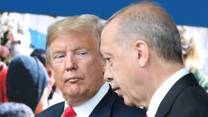 USA:s president Donald Trump och Turkiets president Recep Tayyip Erdoğan i Nato-högkvarteret i Bryssel under ett möte i juli i fjol. USA:s president Donald Trump och Turkiets president Recep Tayyip Erdoğan i Nato-högkvarteret i Bryssel under ett möte i juli i fjol (2018).