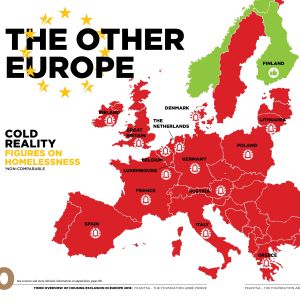 Bostadslösheten ökar överallt, förutom i Finland och Norge. Karta över trender i bostadslösheten. Finland är det enda EU-landet där bostadslösheten minskar, också i Norge (utanför EU) minskar hemlösheten.