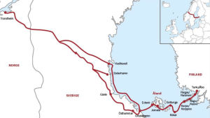 Vandringsledens sträckning från Åbo till Trondheim. Karta över pilgrimsvandringsleden från Åbo till Trondheim.