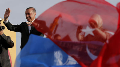 Turkiets premiärminister Recep Tayyip Erdogan på en valtillställning
