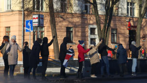 Demonstranter som protesterade mot landets ledare bildade en kedja i huvudstaden Minsk. Mindre protester förekom även på andra orter. Drygt 100 människor rapporteras ha gripits under senaste helg. Människor med protestplakat står på gatan och bildar en kedja.
