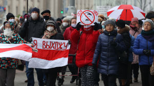 Demonstrationer mot Aleksandr Lukasjenko har pågått i Belarus sedan presidentvalet i augusti i fjol. Demonstration mot Aleksandr Lukasjenko i Minsk den 16 november 2020.