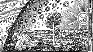 Camille Flammarion: L'Atmosphere, 1888, yksityiskohta vanhan grafiikanlehti, jonka kuva-aiheena mies joka ryömii taivaankannen reunan ali