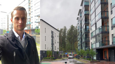 En man står utanför ett höghus, vädret ser mulet ut. Mannens min är neutral.