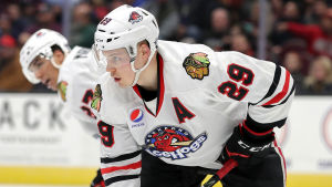 Ville Pokka inledde AHL-säsongen i Rockford IceHogs. Ville Pokka i Rockford IceHogs tröja.