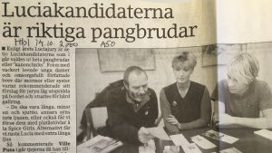 Klipp ur Hufvudstadsbladet den 14 oktober 2000. Klipp ur Hufvudstadsbladet den 14 oktober 2000. Rubrik: Luciakandidaterna är riktiga pangbrudar.
