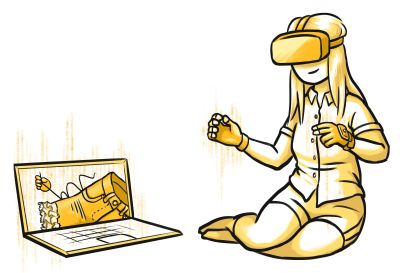 Nainen ompelee housuja virtuaalitodellisuudessa.
