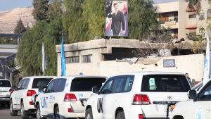 FN-fordon i en hjälpkonvoj som rullade in i Madaya den 14 januari FN-fordon i en hjälpkonvoj som rullade in i Madaya den 14 januari 2016