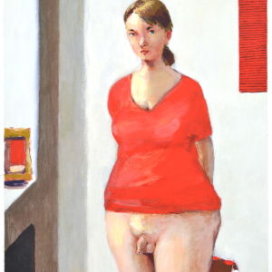 I målningen Söndag har kvinnan mannens könsorgan. Söndag finns att se på Wallenskölds aktuella utställning. Bild av kvinna med penis.