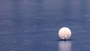 I den nya bollhallen ska det kunna spelas allt från innebandy till korgboll. En innebandyboll på ett golv.