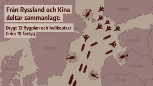 Det är oklart exakt hur många fartyg och flygplan som deltar i militärövningen på Östersjön. Siffrorna baseras på ryska myndigheters uppgifter som SVT skrivit om. Ryssland och Kina har inte heller meddelat den exakta platsen där militärövningen kommer att hållas. En karta över Östersjön med texten: Från Ryssland och Kina deltar sammanlagt: Drygt 12 flygplan och helikoptrar, cirka 10 fartyg".