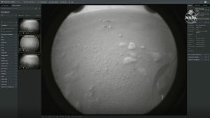 En stillbild av materialet som rovern skickade till jorden strax efter landning. En av de första bilderna av Mars yta som Perverence skickade till jorden.