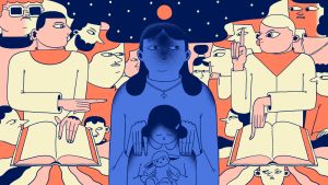 Illustration med mamma och dotter i mitten som skäms och religiösa fanatiker i bakgrunden