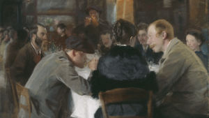 Tavla med många personer som äter och dricker runt ett bord. Bilden är beskuren. Peder Severin Krøyer, Konstnärsfrukost, 1884. Pastell på papper, 49,5 x 64,5 cm
