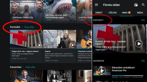 I en webbläsare och i Arenan-apparna hittar du alla de program du har på hälft under rubriken "Fortsätt" föutsatt att du är inloggad med ditt Yle-konto. En skärmdump från Arenan som visar hur man kan fortsätta spela upp program där man blev.