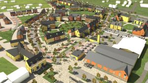 Bildmontage över Sjundeås hjärta i framtiden. Bild som visar trädgårdskvarter på det nya området "Sjundeås hjärta".