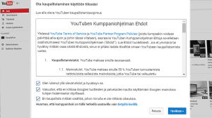 Kuvakaappaus Youtuben videonhallintasivulta Youtuben kumppaniohjelman ehdot