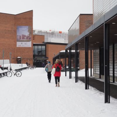 Itä-Suomen yliopiston opiskelijoita koulun pihakäytävällä.