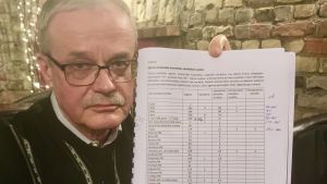 Indulis Zālīte har nästan ensam haft tillgång till innehållet i de så kallade Tjeka-väskorna ända sedan 1991. Här visar han statistik på var i Lettland de utpekade KGB-medarbetarna bodde. Indulis Zālīte visar upp ett dokument med statistik på var i Lettland utpekade KGB-agenter bodde.