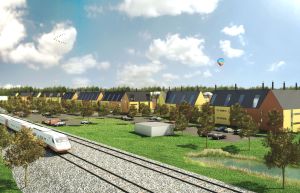 VR kräver täta centrumområden för att trafiken ska fortsätta. Hus vid järnvägen i Sjundeå på planebild.