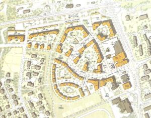 Byggandet börjar med högre hus i områdets nordöstra och radhuslängro i sydväst. Kustbanan löper norr och Sjundeåvägen öster om området. En kartbild som visar hur flervåningshus och radhuslängor planerats på det nya området i Sjundeå kommuncentrum, Sjundeås hjärta.