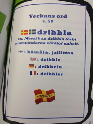 Språkrådet i Helsinge skola väljer ut och hänger upp ett svårt ord varje vecka. I Helsinge skola lyfter man varje vecka fram ett ovanligt ord -- den här veckan är ordet dribbla.