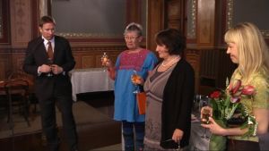 Från vänster kultur- och idrottsminister Paavo Arhinmäki, Liisa Ryömä, Monica Fagerholm och Erika Kallasmaa.