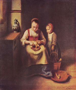 Nicolas Maes (1634-1693): Eine Frau, Kratzen Pastinaken, mit einem Kind, stehenden von ihrem. Nicolaes Maesin maalaus, jossa nainen kuorii palsternakkaa