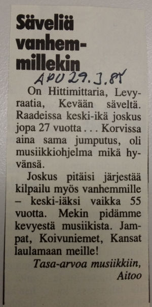 Kaikkia tv-katsojia nuorekas musiikki ei miellyttänyt, vaikka sitä ohjelmassa markkinoitiinkin "ajanvietemusiikkina". Valokuva Apu-lehdessä jukaistusta katsojapalautteesta 29.3.1985
