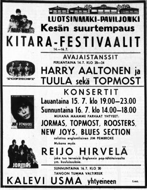 Porin kitarafestivaalin mainos Satakunnan Kansa -lehdessä 1967.