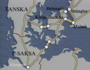 Tanskan salmien rakennussuunnitelmat kartalla 1990. Kartta Tanskan salmien rakennussuunnitelmista 1990