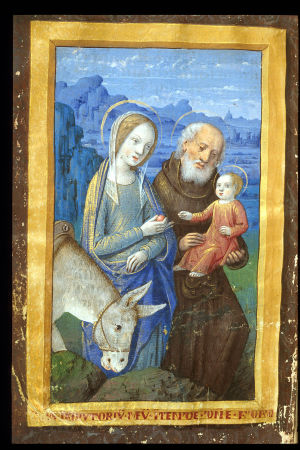 Pako Egyptiin 1400-luvun rukouskirjassa Book of Hours, Use of Tours. Aihe on suosittu kristillisessä kuvataiteessa. Maria, Joosef, Jeesus ja aasi kirjassa 1400-luvun rukouskirjassa Book of Hours, Use of Tours