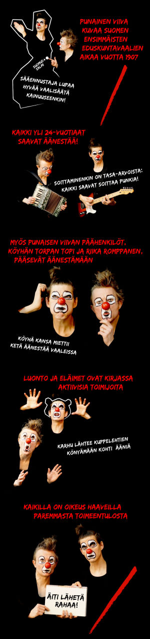 Ilmari Kianto, Punainen viiva, RedNoseCompany, Tuukka Vasama, Timo Ruuskanen, teatteriklovneria