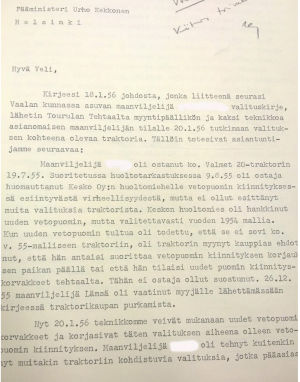 Valmetin pääjohtajan vastaus Kekkoselle maanviljelijän valituksesta
