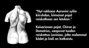 Sitaatti William Shakespearen Titus Andronicus -näytelmästä, WSOY, suomentanut Pentti Saaritsa sitaatti, William Shakespeare, Titus Andronicus, WSOY