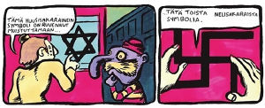 Sami Ahon vuoden 2009 kohua aiheuttanut sarjakuva. Sami Ahon Vihreässä langassa julkaistu sarjakuva