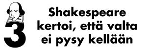 Teksti, jossa lukee "Shakespeare kertoi, että valta ei pysy kellään."