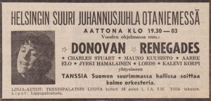 Donovan konsertoi Espoon Otaniemessä mm. Mauno Kuusiston kanssa. Lehti-ilmoitus Donovanin esiintymisestä Espoon Otaniemessä 1966.