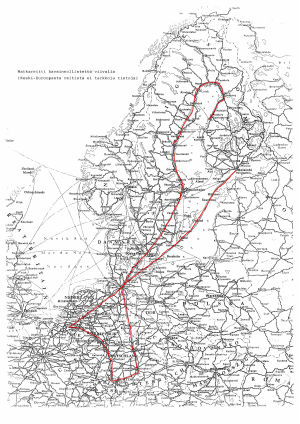 En karta över Europa som visar att han åkt från Helsingfors till Österrike och sedan tillbaka till Finland via Sverige.