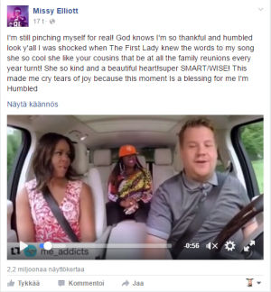 Missy Elliot ja Michelle Obama Car Pool Karaokessa. // Kuva: Kuvakaappaus Missy Elliotin Facebook-sivulta.
