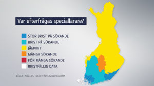 Grafiken baserar sig på Arbets- och näringsbyråernas uppgifter över arbetssökande. Mer exakta uppgifter om hur behovet ser ut i en specifik stad finns på www.ammattibarometri.fi. Grafik över efterfrågan på speciallärare i Finland. Störst är efterfrågan i södra Finland. Grafiken baserar sig på Arbets- och näringsbyråernas uppgifter över arbetssökande. Mer exakta uppgifter om hur behovet ser ut i en specifik stad finns på www.ammatt
