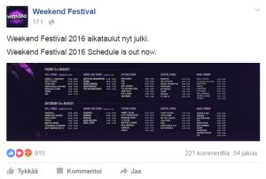Weekend Festival julkaisi eilen artistien esiintymisaikataulut. // Kuva: Kuvakaappaus Weekend Festival 2016 -tapahtuman Facebook-sivulta.