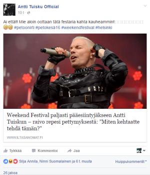 Antti Tuisku kommentoi Weekend Festival -kritiikkiin Facebook-seinällään. // Kuva: Kuvakaappaus Antti Tuisku Official -Facebook-seinältä. Linkki jutussa.