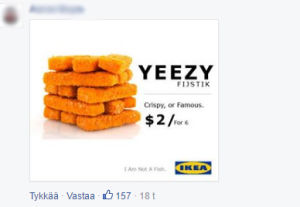 Joku taas ajatteli, että Yeezy sopisi kalapuikkojen nimeksi. // Kuva: Kuvankaappaus IKEA Australian Facebookista