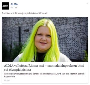 ALMA fiilisteli biisin soittoa Rion olympialaisissa. // Kuva: Kuvakaappaus ALMAn Facebook-seinältä. Jutussa linkki.