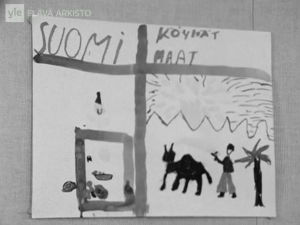 Köyhyysleikin innoittama piirros Pirkkalan peruskoulussa (1973).