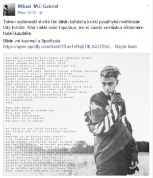 Chisun biisi sai uuden muodon. MG julkaisi Mun Koti Ei Oo Täällä -biisin sanat Facebookissa. // Kuva: Kuvakaappaus: Mikael 'MG' Gabrielin Facebook-seinältä. Jutussa linkki.