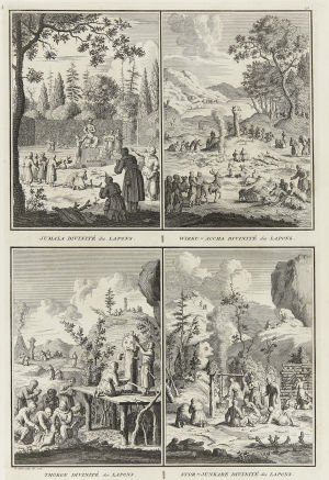 Lappalaisten jumalia Picart Bernhardin kuparikaiverruksessa vuodelta 1726. Taiteellisessa näkemyksessä jumalia palvotaan varsin jäsentyneesti. Lappalaisten jumalia. Picart Bernhardin kuparikaiverrus vuodelta 1726.