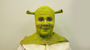 Näyttelijä ja laulaja Petrus Kähkönen Shrekin maskissa, Helsingin kaupunginteatteri 2016.